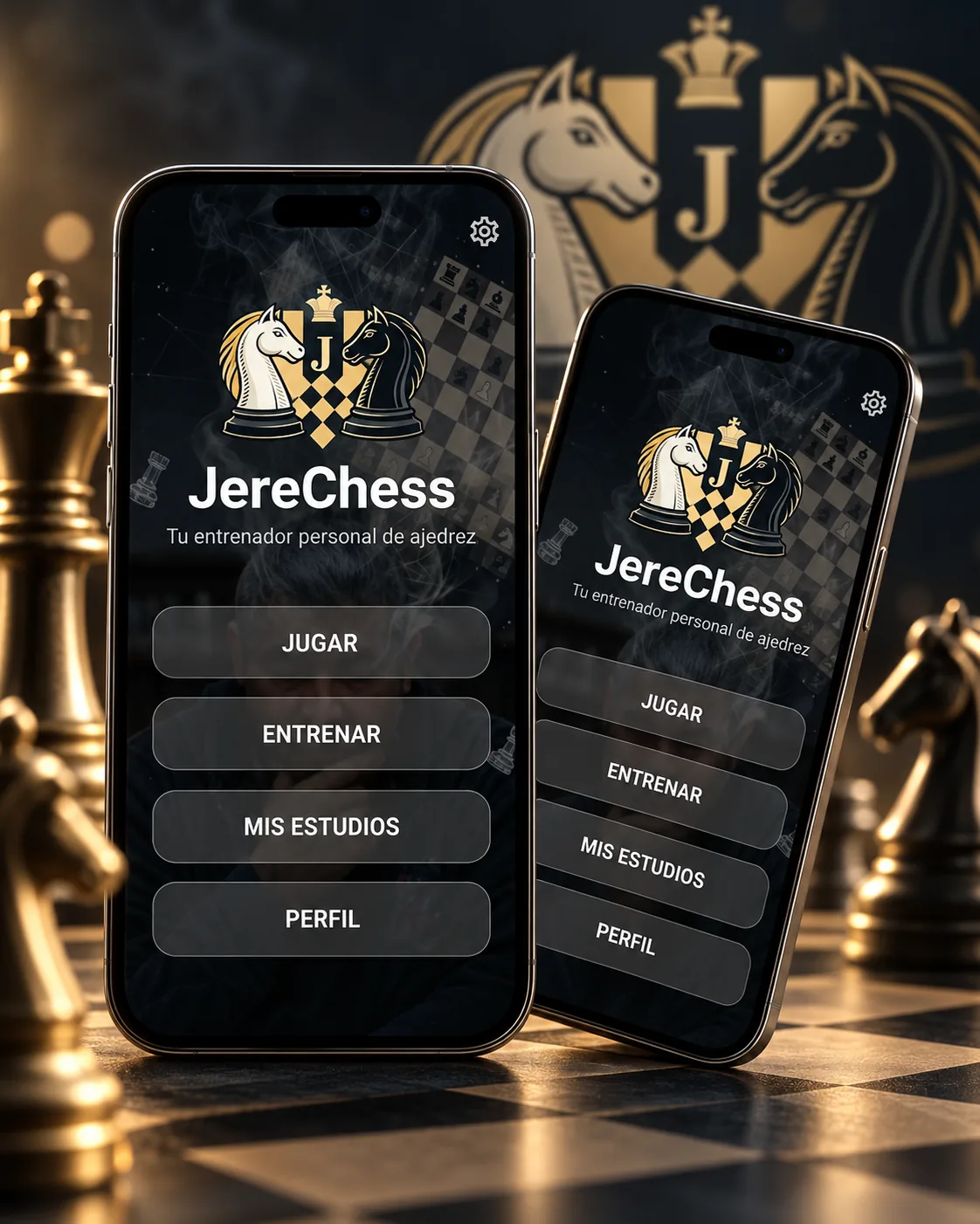 JereChess presentada en dos teléfonos sobre un tablero de ajedrez